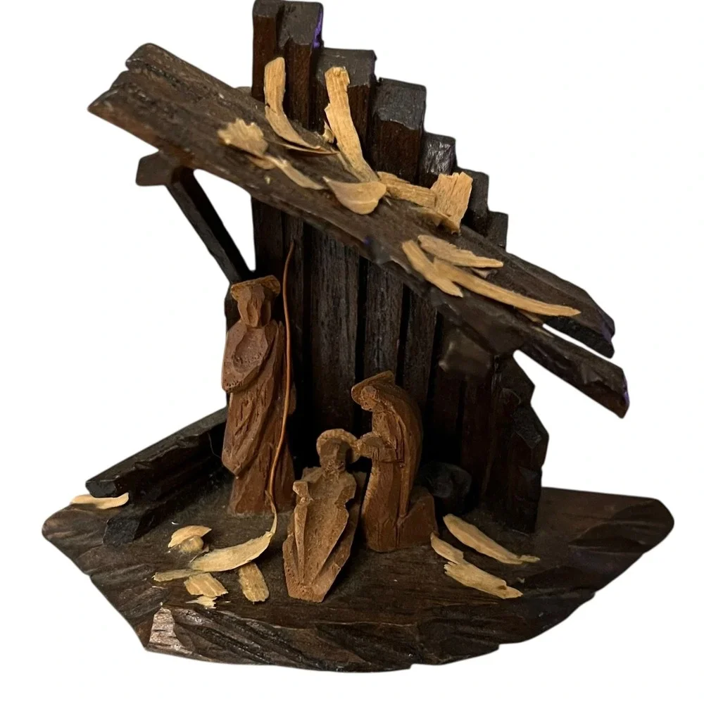Vintage‎ Rustic Wood Nativity Scene Christmas Religious Wooden Carved Sculpture